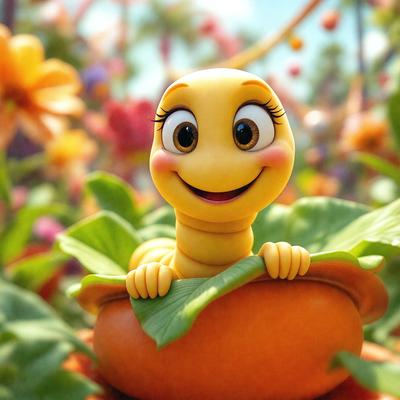 The primary subject of the image is a yellow and orange toy, possibly a stuffed animal or a figurine, sitting on a leaf. The setting is a garden with a variety of flowers, creating a vibrant and colorful background. The visual style appears to be a combination of photo and digital art, as the toy is placed in a realistic garden setting. The colors and mood of the image are lively and cheerful, with the bright flowers and the yellow and orange toy creating a warm and inviting atmosphere